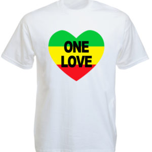 Bob Marley Tee Shirt Blanc Cœur Vert Jaune Rouge One love