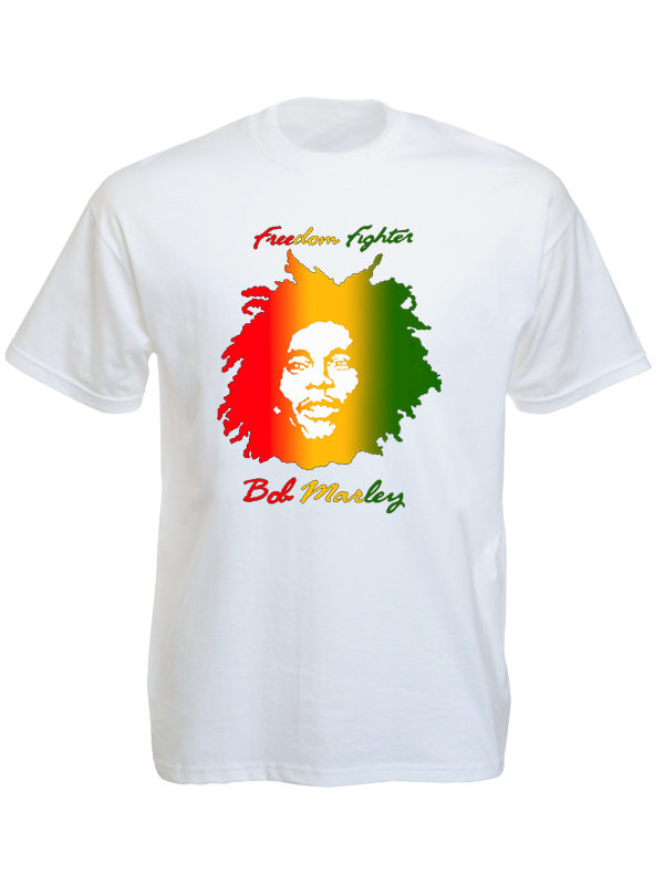Freedom Fighters T-Shirt Blanc Manches Courtes Visage de Bob Marley
