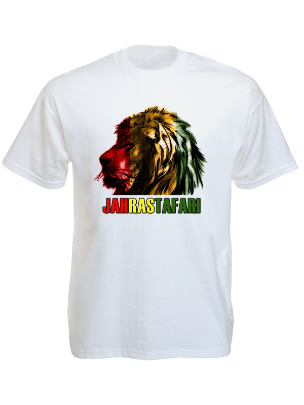 Homme Tee Shirt Blanc Dieu Jah Rastafari Lion de Juda en Coton