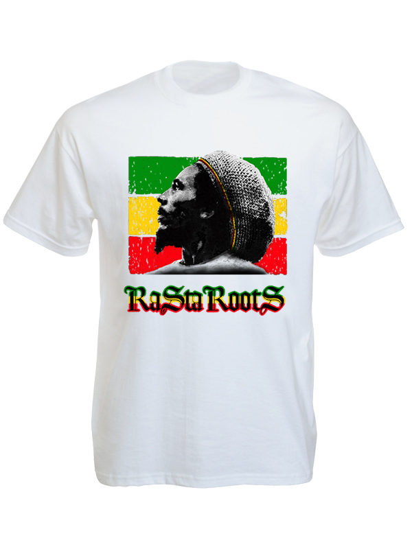 Rasta Roots Tee Shirt Blanc Imprimé Bob Marley Portant un Tam