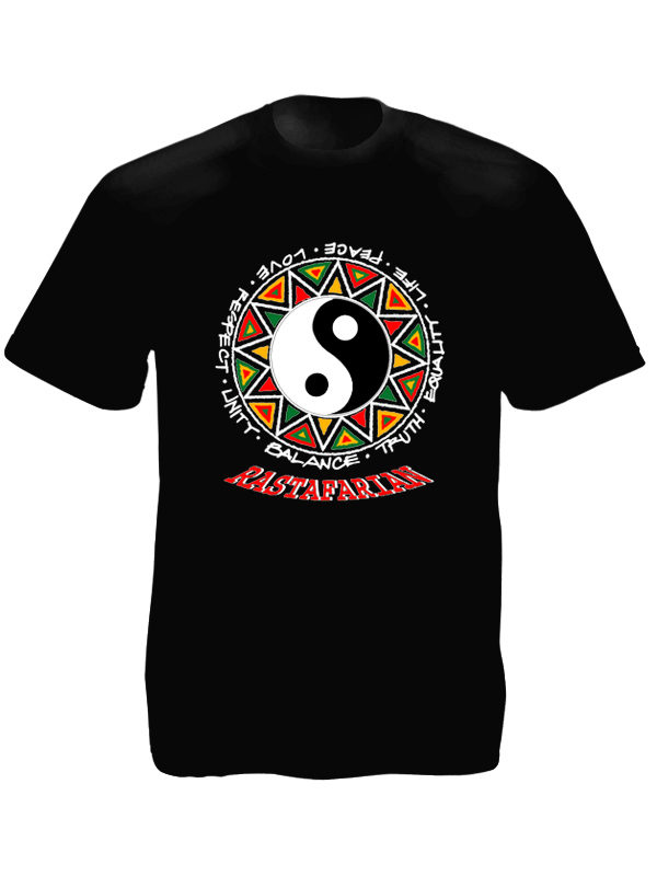 Rastafarian T-Shirt Noir Ethnique Symbole Chinois Taille L Col Rond