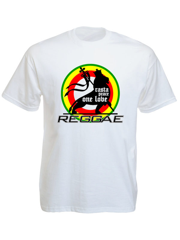 Reggae T-Shirt Cool Blanc Logo Cercle Rasta avec Lion de Juda