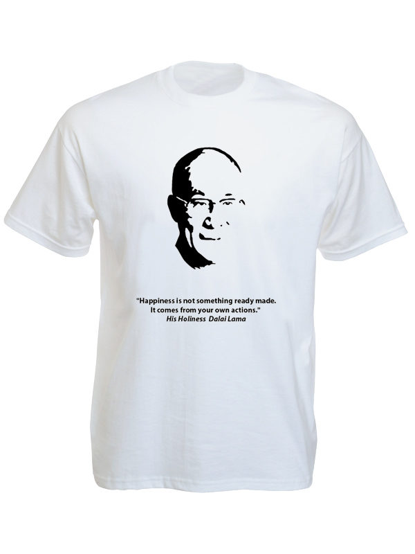 T-Shirt Blanc Impression Noire Tibétain Dalaï-lama Manches Courtes