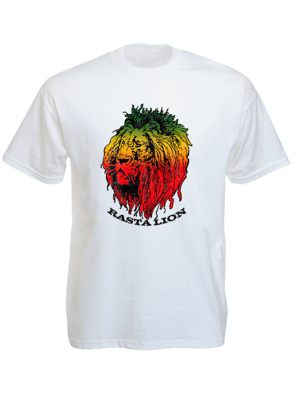 T-Shirt Blanc Manches Courtes Rasta Lion Vert Jaune Rouge