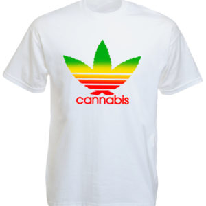 T-Shirt Blanc Manches Courtes Rasta avec Feuille de Cannabis Verte Jaune et Roug