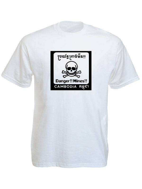 T-Shirt Blanc Tête de Mort Danger Mines Cambodge Manches Courtes
