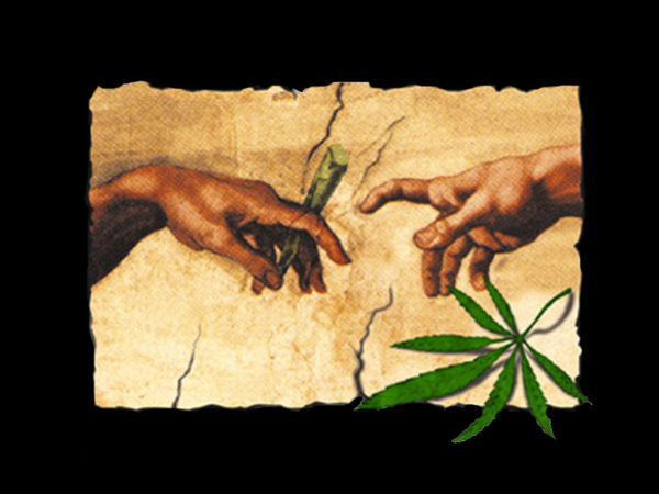 Tee Shirt Noir Artistique Parodique Dieu et Adam Fument du Cannabis