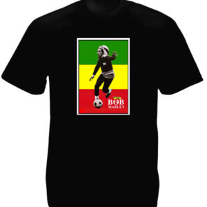 T-Shirt Noir Manches Courtes Bob Marley Footballeur avec Drapeau Rastafari Vert