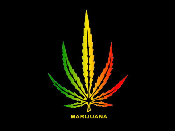 T-Shirt Noir Manches Courtes avec Logo Marijuana Vert Jaune Rouge