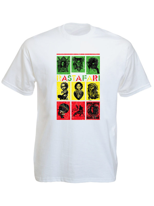 T-Shirt Tribal Blanc Figures Rastafari Manches Courtes en Coton