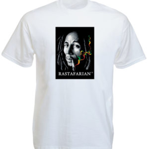 Tee Shirt Blanc Bob Marley Imprimé Génial Fumée Verte Jaune Rouge