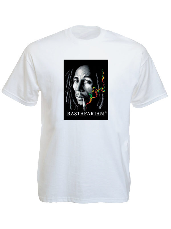 Tee Shirt Blanc Bob Marley Imprimé Génial Fumée Verte Jaune Rouge