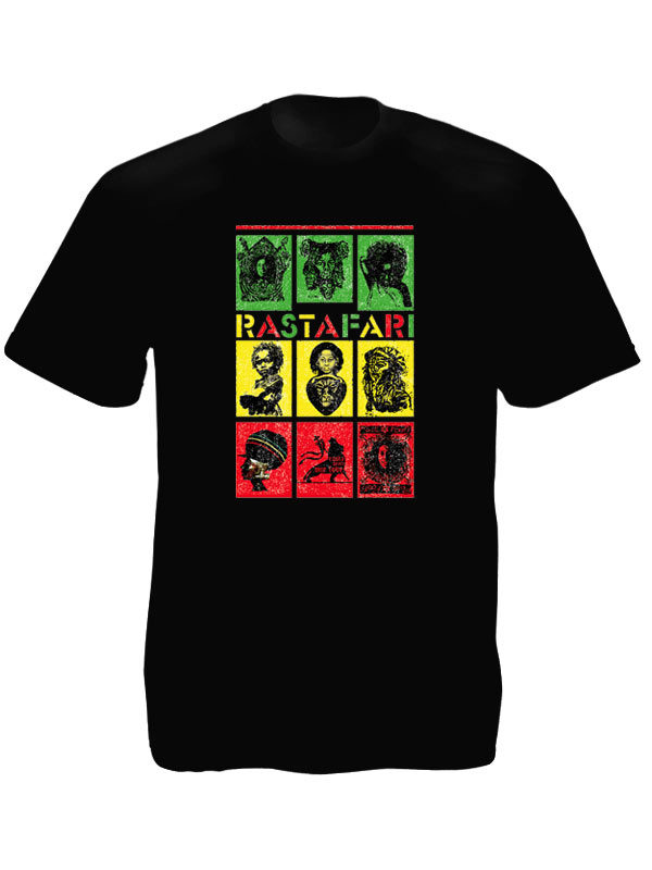 Tee-Shirt Noir Tribus Symboles Rastafari Manches Courtes en Coton
