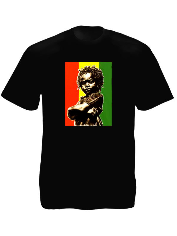 Tee Shirt Reggae Rasta Kid Noir 3 Bandes Verte Jaune Rouge