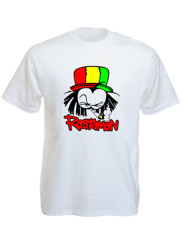 T-Shirt Blanc Manches Courtes Reggae avec Rastaman Fumeur de Cannabis