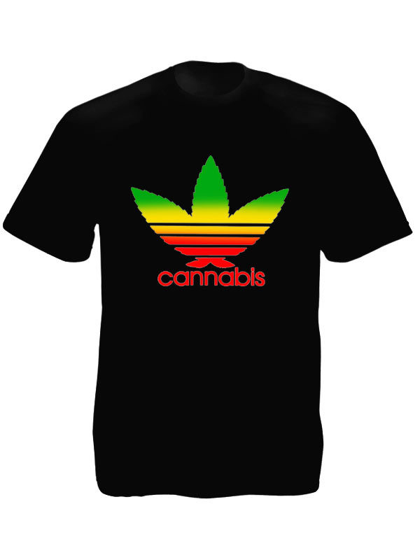 T-Shirt Noir Manches Courtes avec Logo Adidas en Feuille de Cannabis Verte Jaune